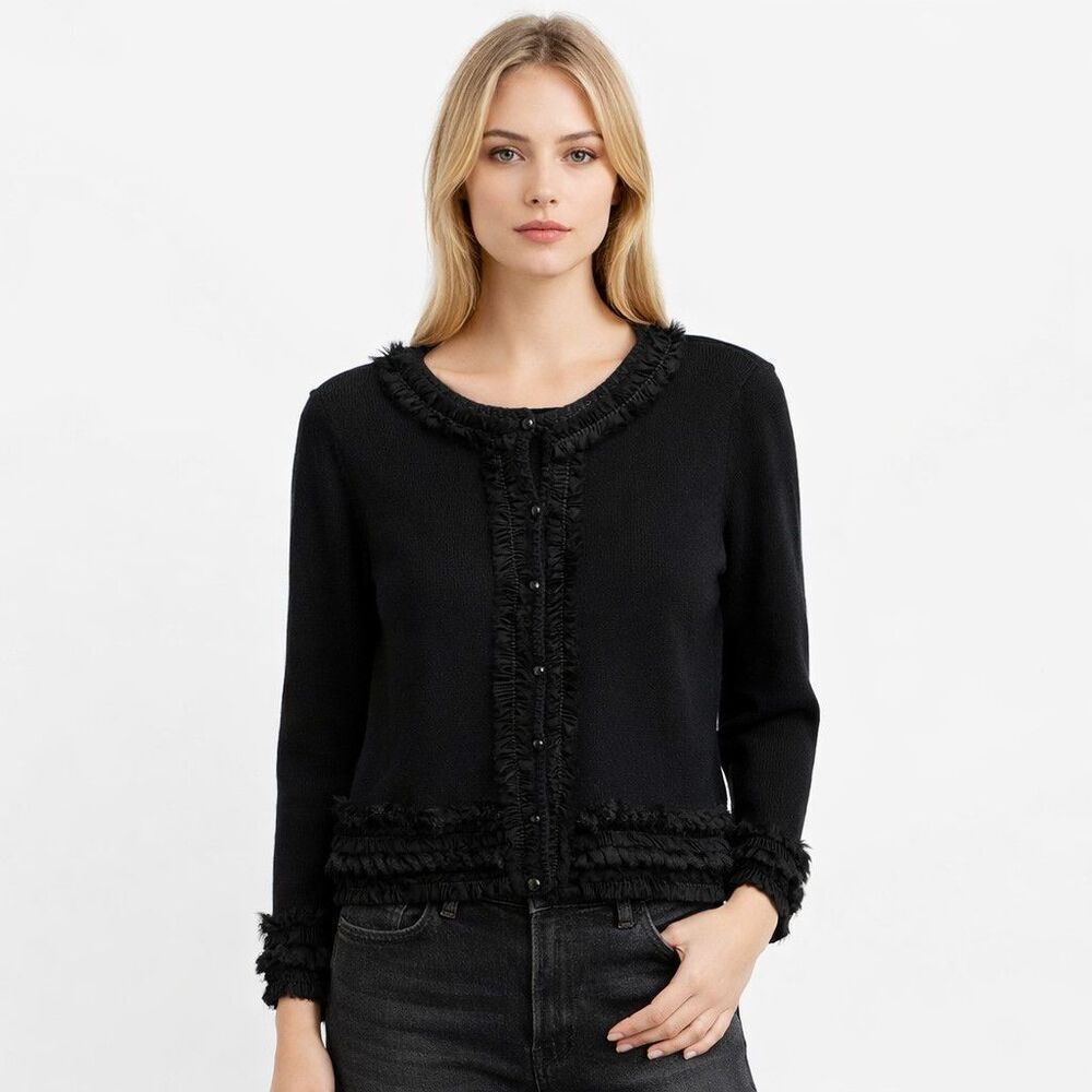 Chicos Cardigan Sweater Womens 3 Black Fringe Trim Button Front Crew Neck